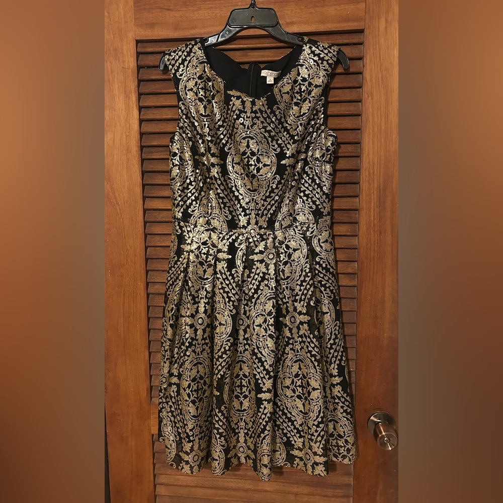 EVA MENDES Black & Gold Sequins Flare Mini Festive Party Cocktail Dress Size 10